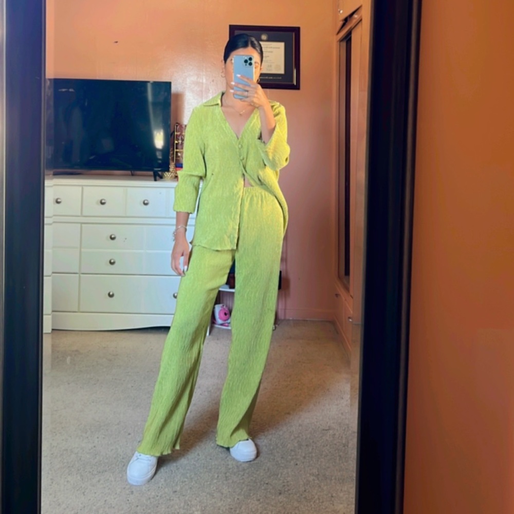 Lime green matching top and wide leg pants set